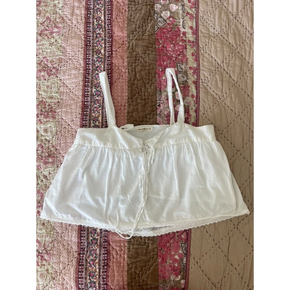 Natural Life White Gauze Babydoll Cami Top Lace Trim Tie Front Medium